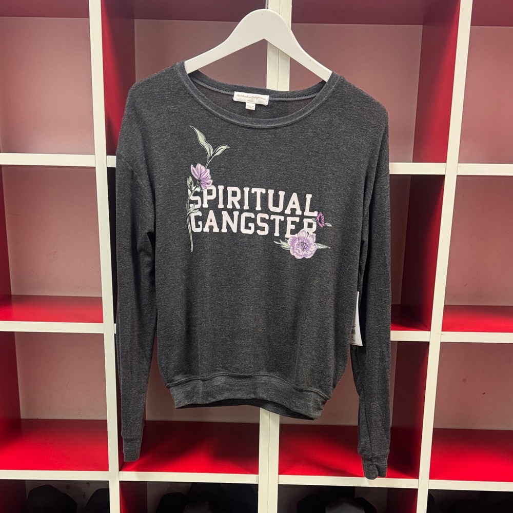 Spiritual Gangster Charcoal Crewneck Sweatshirt with Lavender Floral Logo